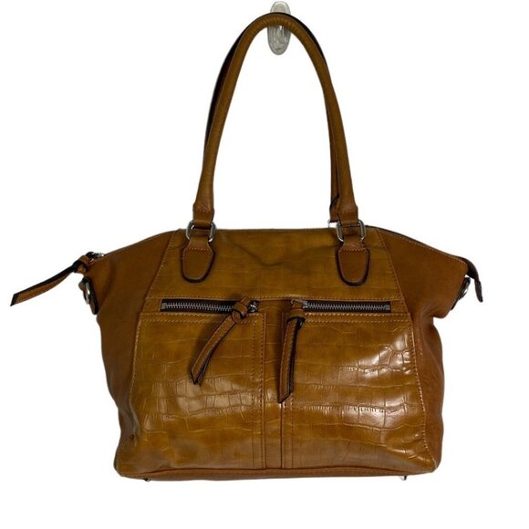 Brown Tan Faux Leather Shoulder Bag Purse Laptop Tablet Pouch Pockets Vinyl Zip - Picture 10 of 15